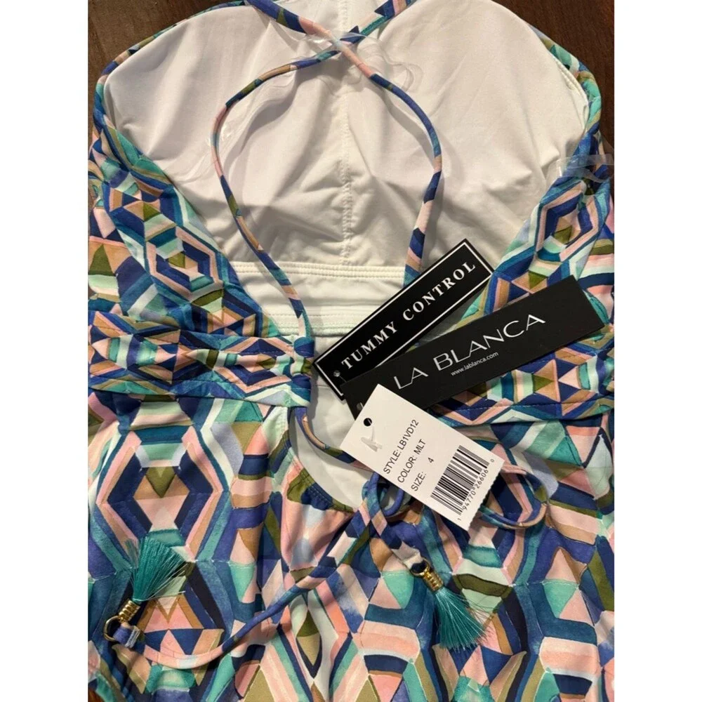 NWT La Blanca Riviera Hi Neck Halter Geometric One Piece Swim Suit Sz 4